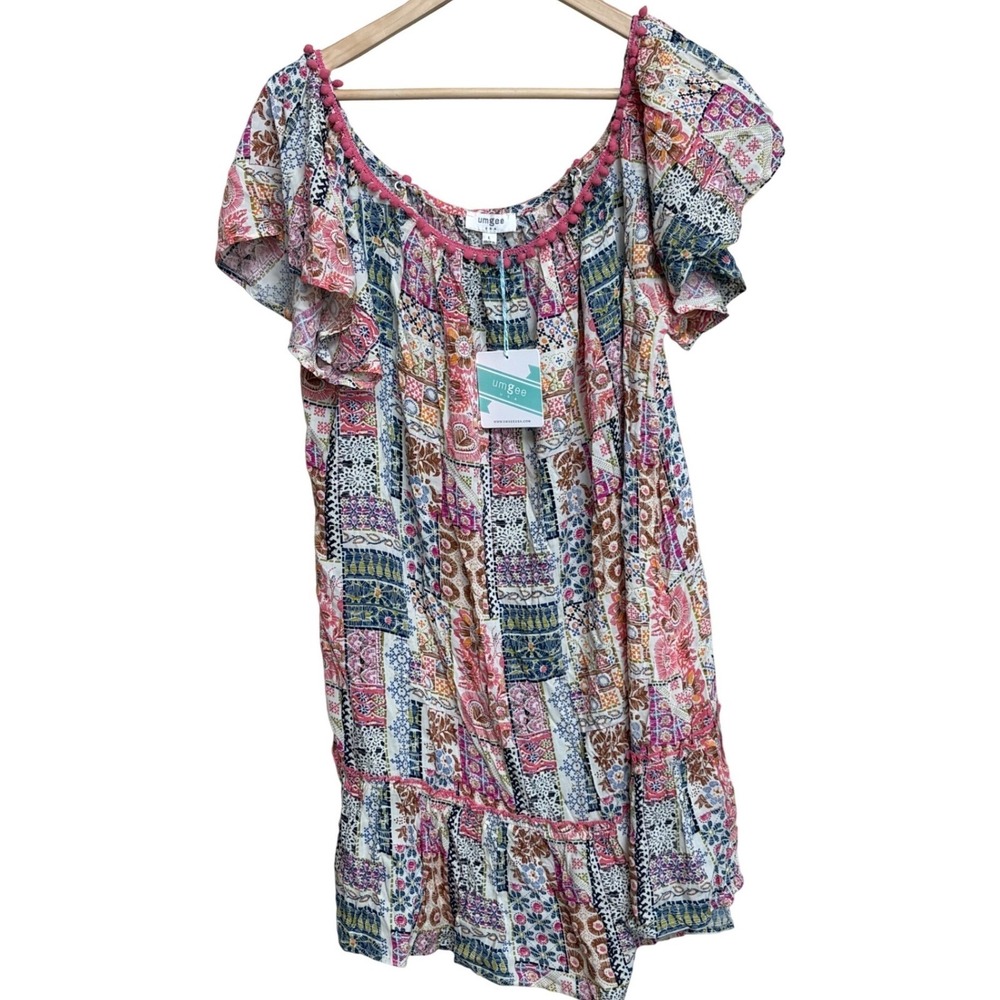 Umgee Pink Multi-Pattern Ruffled Peasant Tunic - Picture 3 of 9